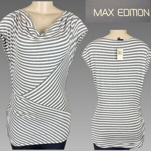Max Edition L Gray Multi-Directional Striped Draped Neck Ruched Cap Sleeve Top